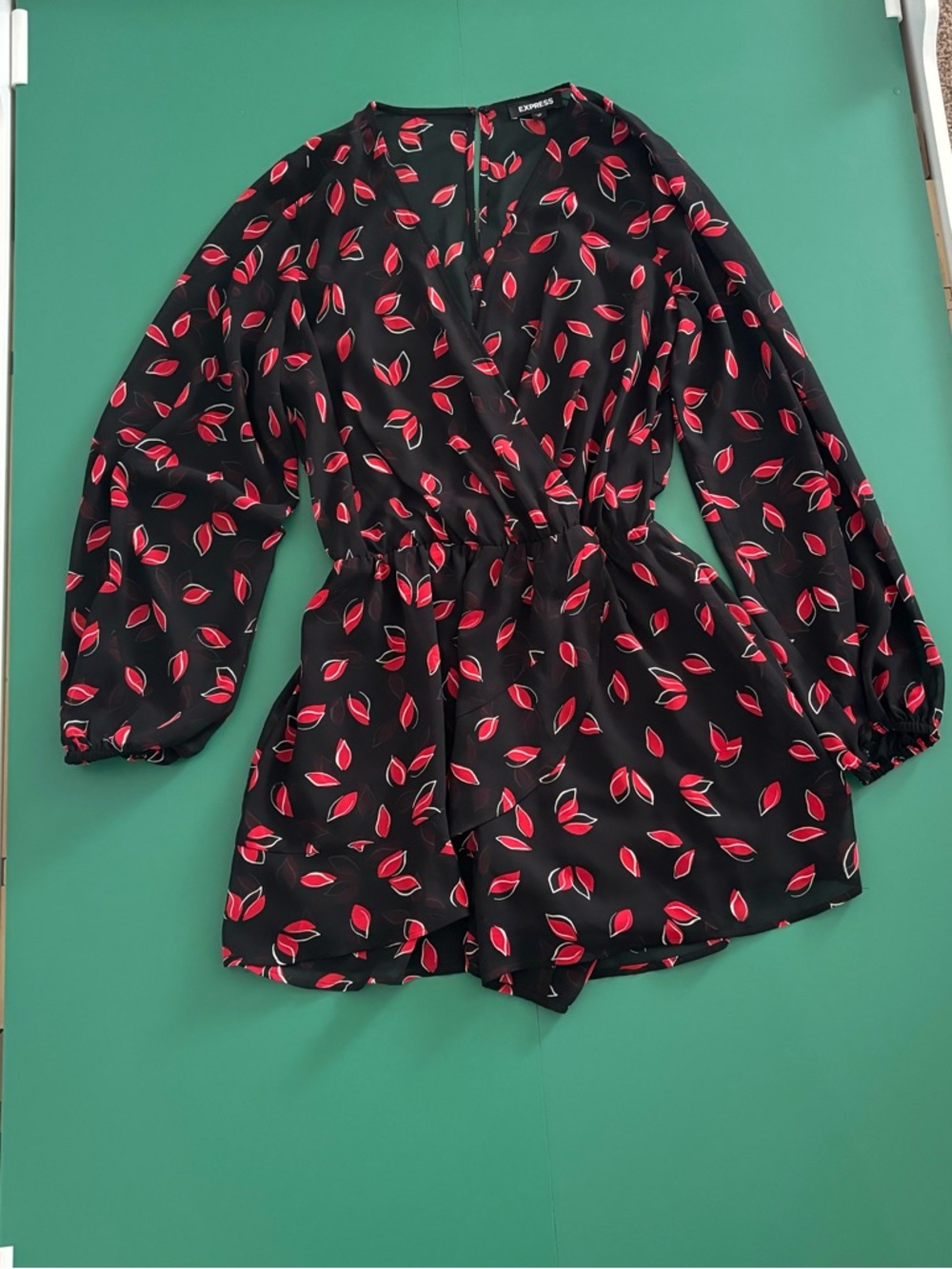 Express Size XS Black Romper with Red Petal Print